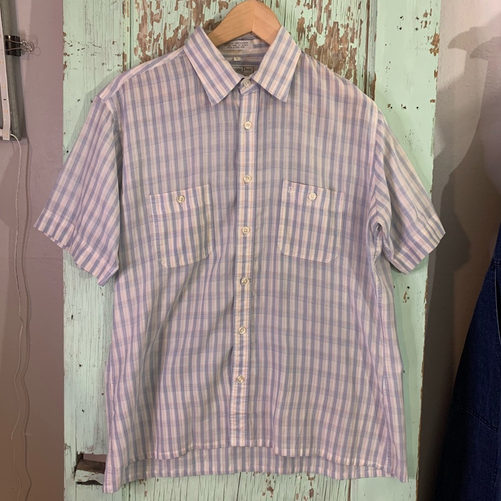 Men’s Christian Dior blue white and pink plaid button-up shirt